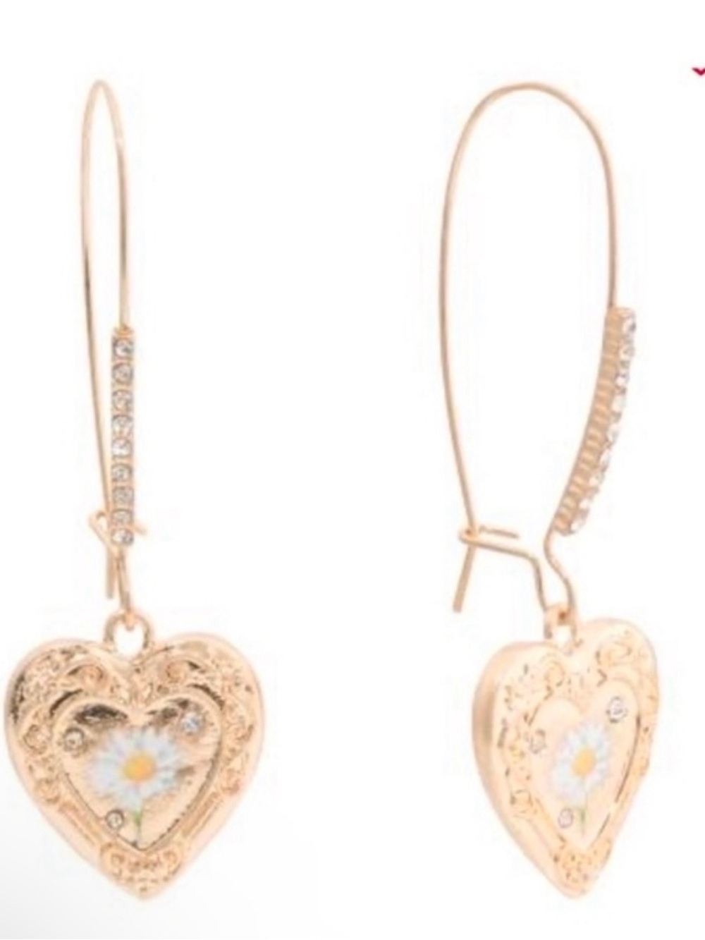Betsey Johnson Gold Heart Drop Earrings with Daisy Inlay